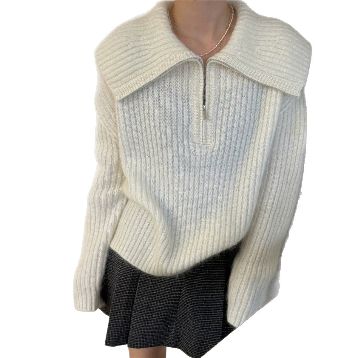 Damen Strickpullover Großer Kragen Reißverschluss Norvielle