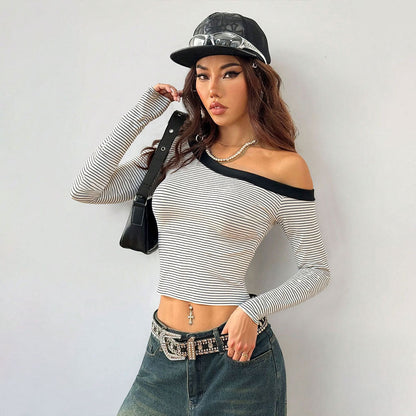 Damen Off-Shoulder Langarmshirt Gestreift Norvielle