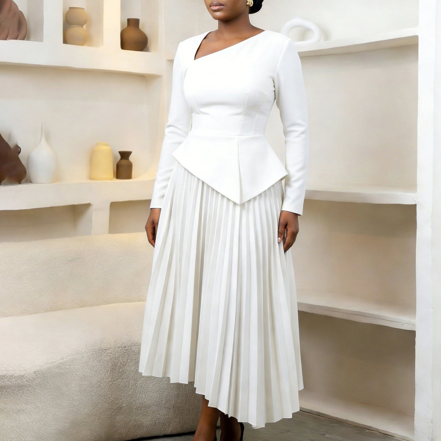 Damen Midi-Kleid Asymmetrisch Gefaltet