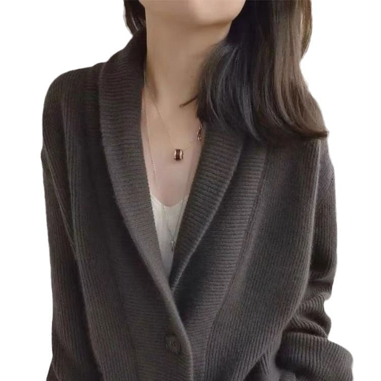 Damen Strickcardigan Breites Revers Taschen Beige