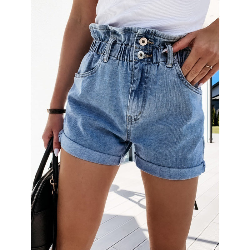 Damen Hochgeschlossene Jeansshorts Elastischer Bund