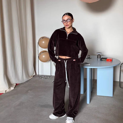 Damen Cropped Sweatshirt Halb Reißverschluss Weite Hose Norvielle