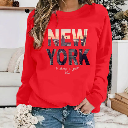 Damen Sweatshirt New York Skyline Druck Baumwolle Gemütlich Grau - Norvielle