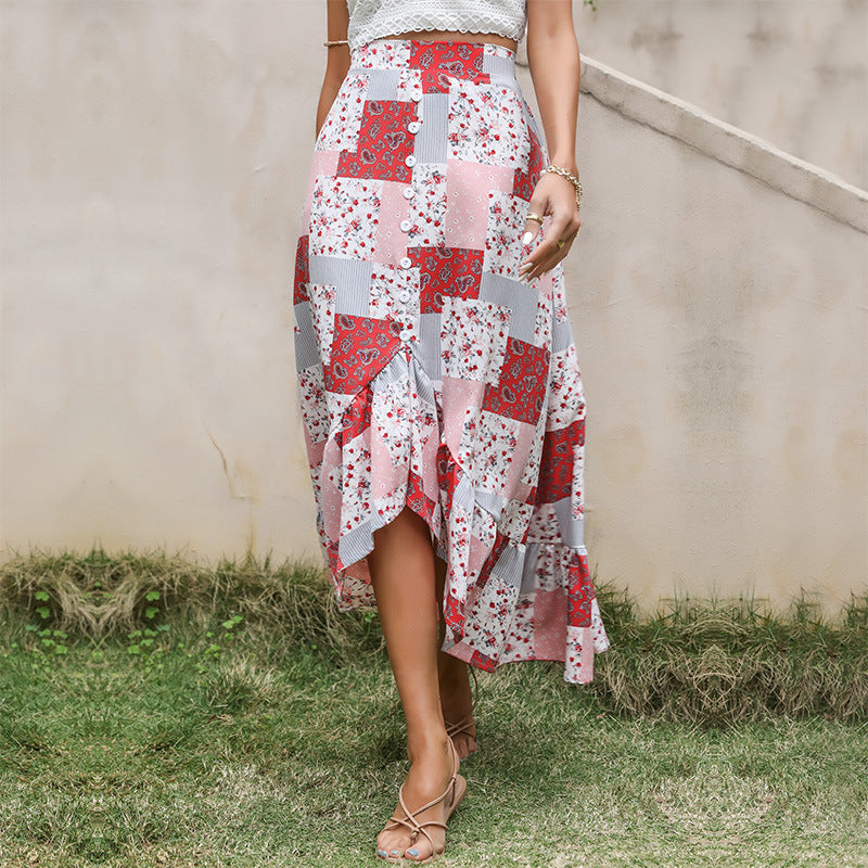Damen Maxi-Rock Patchwork-Design Knöpfe Multicolor