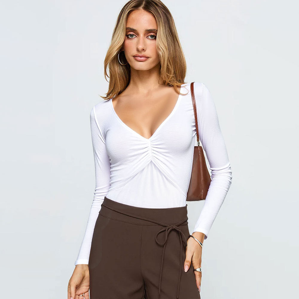 Damen Langarmshirt Raffung V-Ausschnitt Norvielle