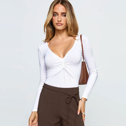 Damen Langarmshirt Raffung V-Ausschnitt Norvielle