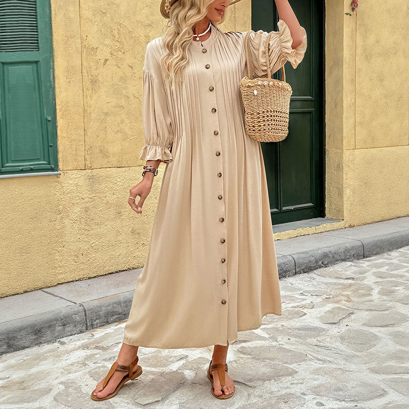 Damen Knielanges Freizeitkleid mit Raffärmeln und Knopfleiste