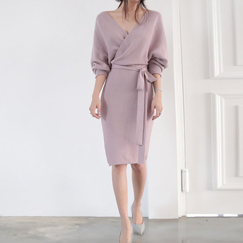 Damen Strickkleid Wickeloptik Länge Mit langen Ärmeln Norvielle