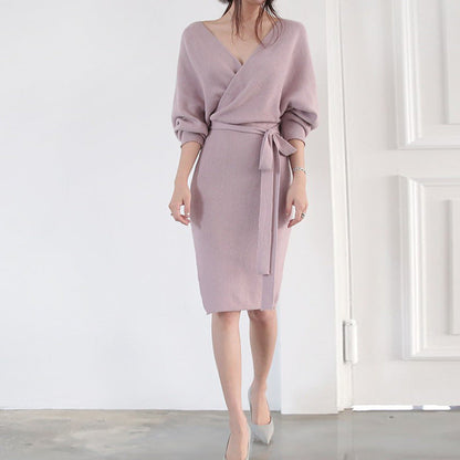 Damen Strickkleid Wickeloptik Länge Mit langen Ärmeln Norvielle