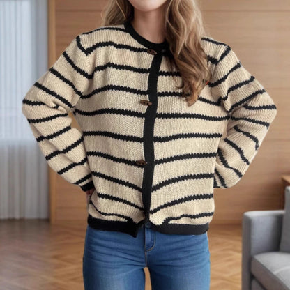 Damen Strickcardigan Lässig Holzknöpfe Streifenmuster Beige