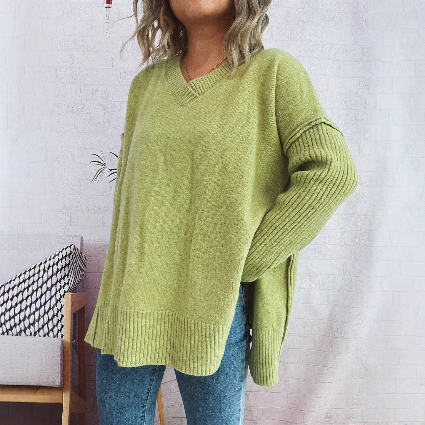 Damen Pullover V-Ausschnitt Strukturierte Ärmel Weite Passform Beige