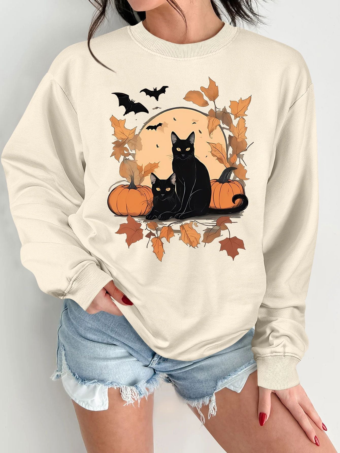 Damen Sweatshirt Herbstlich Katzen Kürbis Design Norvielle