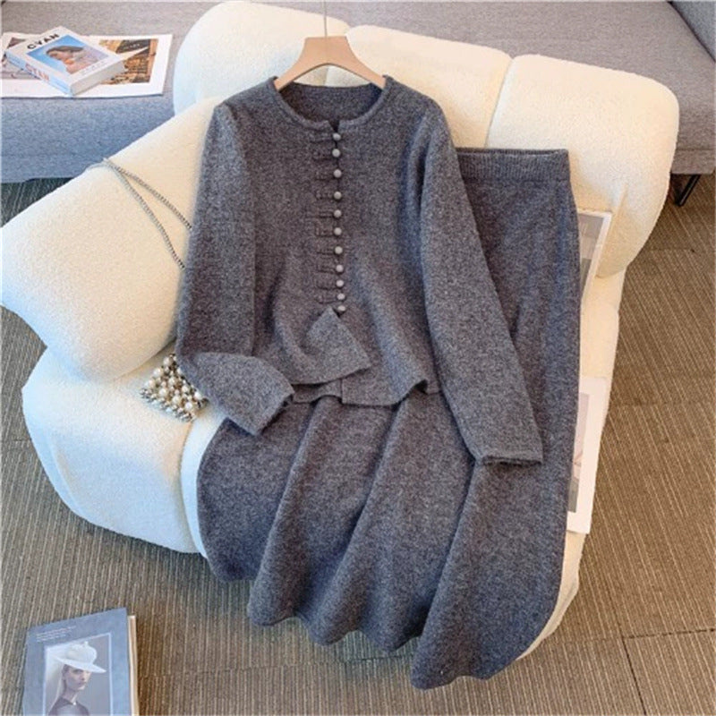 Damen Strickensemble Klassisches Knopfdesign Fließender Rock Norvielle