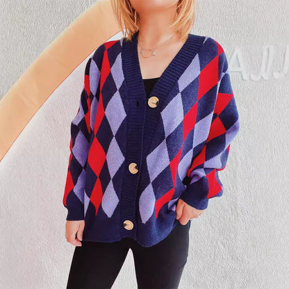Damen Strickjacke Rautenmuster Große Knöpfe Norvielle