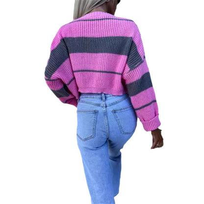 Damen Strickpullover Streifenmuster Baumwolle Weiß-
