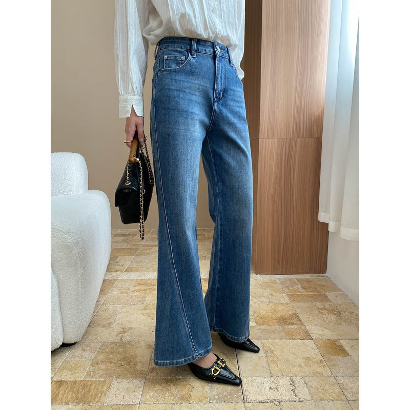 Damen Flared Jeans Hochwertiger Denim Hoher Bund Dunkelblau - Norvielle