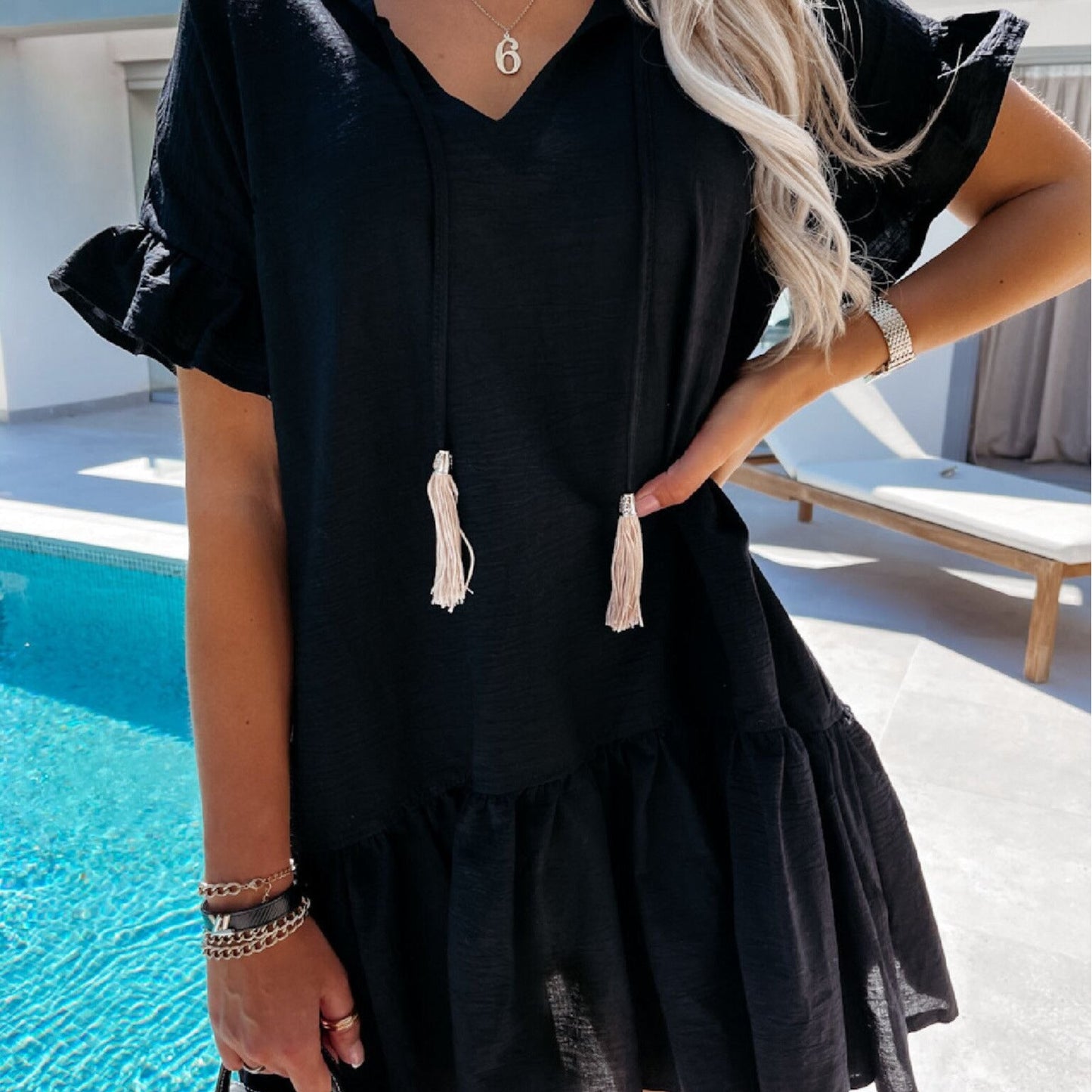 Damen Sommerkleid V-Ausschnitt Rüschendetails Kurzärmelig Norvielle