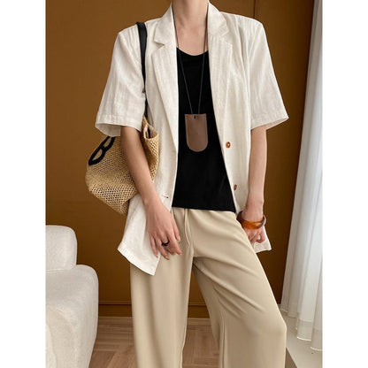 Damen Leinenjacke Lässig Elegante Knöpfe Beige