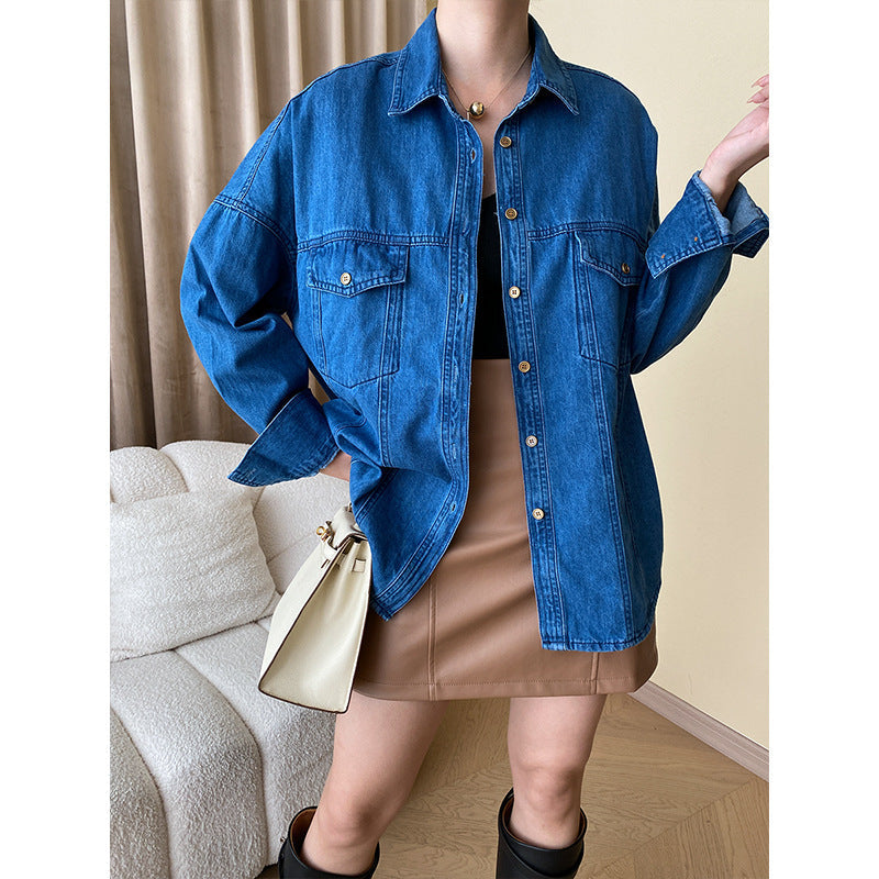Damen Denim-Hemdjacke Lässig Mit Knöpfen Und Brusttaschen