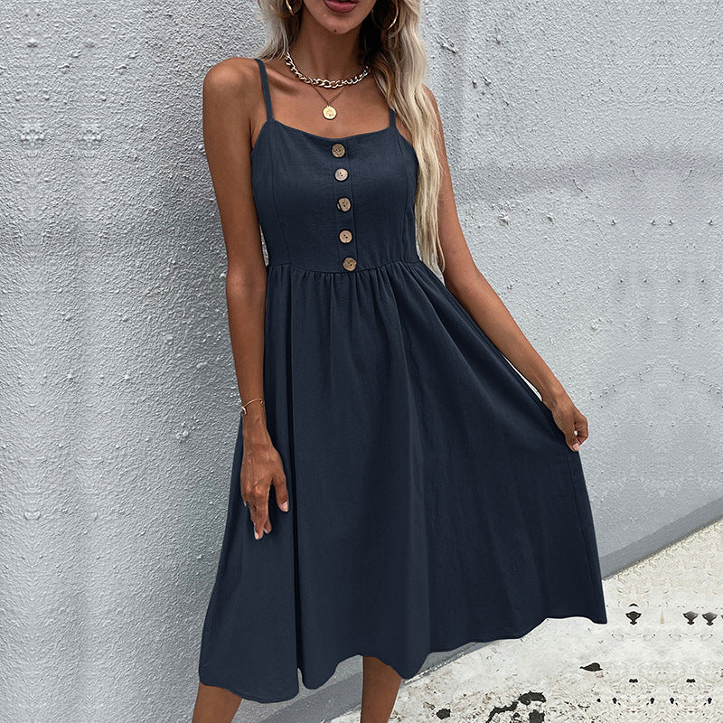 Damen Midi-Kleid Knopfleiste Verstellbare Träger Norvielle