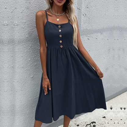 Damen Midi-Kleid Knopfleiste Verstellbare Träger Norvielle