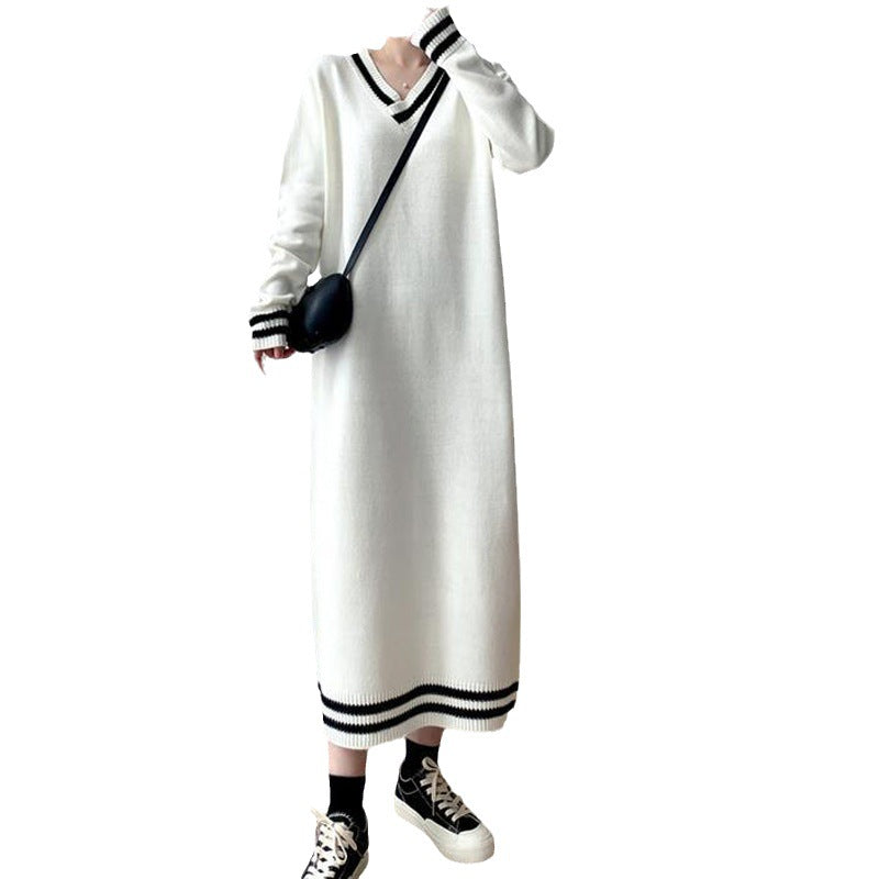 Damen Langarm Strickkleid V-Ausschnitt Rippdetails