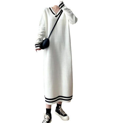 Damen Langarm Strickkleid V-Ausschnitt Rippdetails