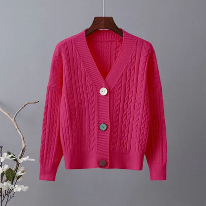 Damen Grobstrickjacke V-Ausschnitt Dekorative Knöpfe Norvielle