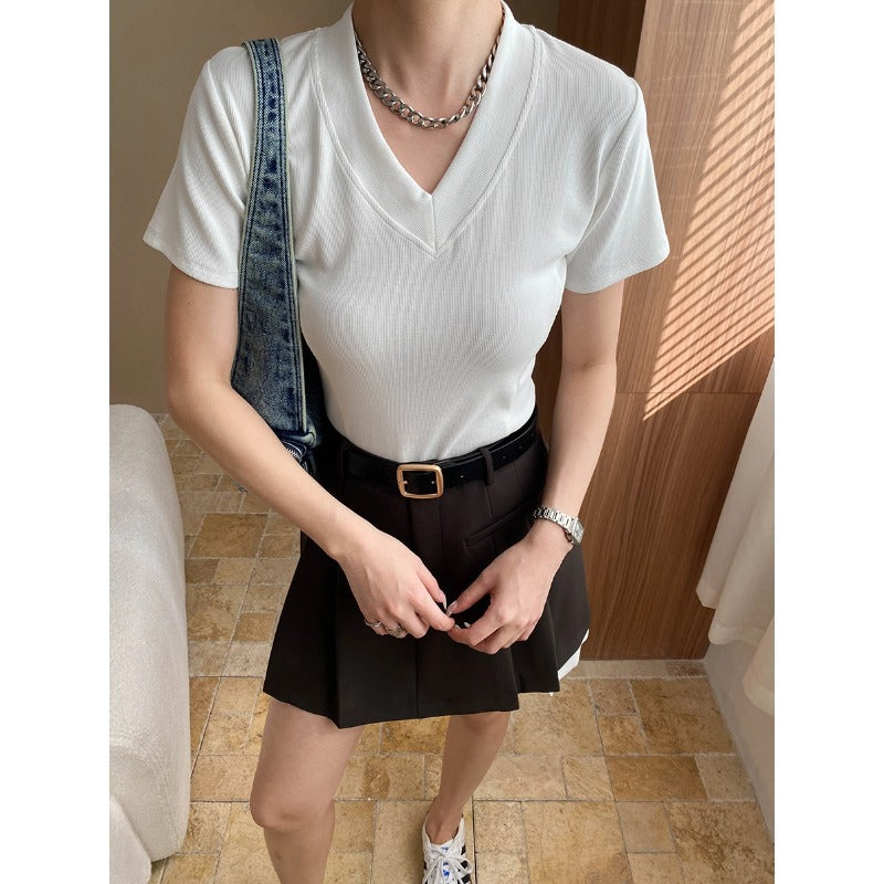Damen V-Ausschnitt T-Shirt Rippstrick Norvielle - Norvielle