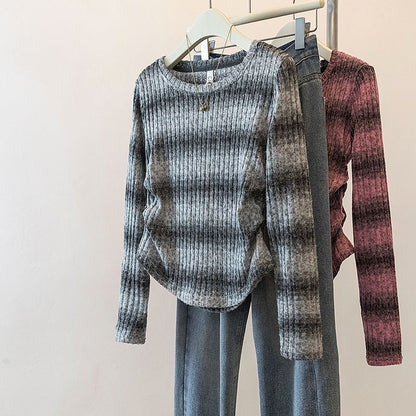 Damen Langarm-Shirt Legeres Rippmuster Gestreift Norvielle