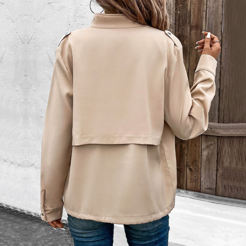 Damen Overshirtjacke Leicht Dekorative Knöpfe Brusttasche Beige