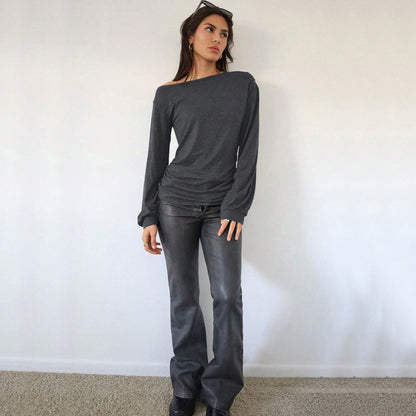 Damen Off-Shoulder Langarmshirt Rüschendetails Elegantes Design
