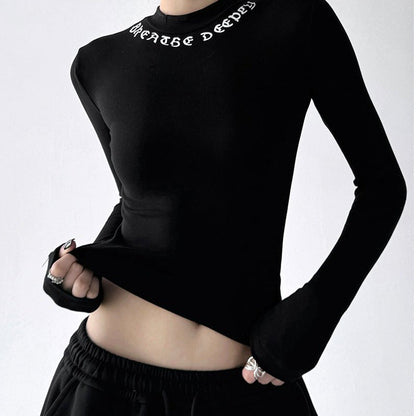 Damen Langarmshirt Figurbetont Hocher Kragen mit Schriftzug