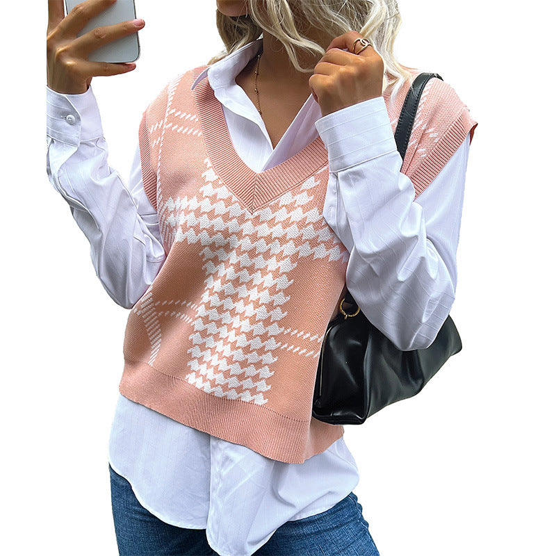 Damen Strickweste V-Ausschnitt Klassisches Muster Beige