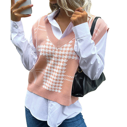 Damen Strickweste V-Ausschnitt Klassisches Muster Beige