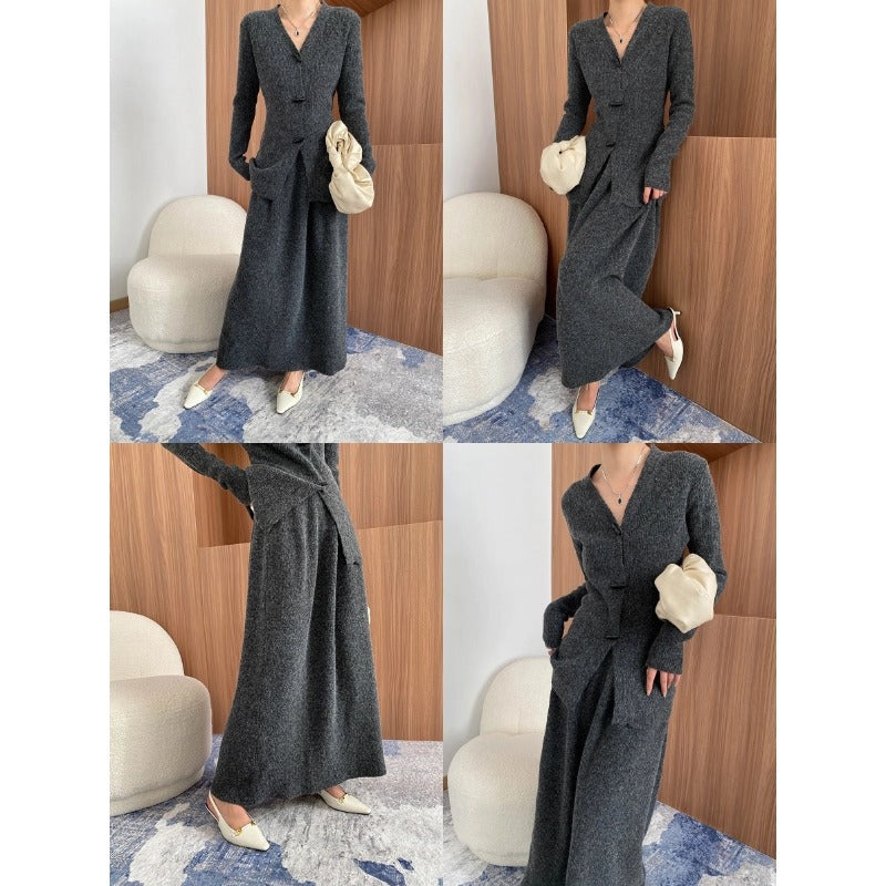 Damen Long-Strickkleid mit Knöpfen Norvielle Elegantes Langkleid