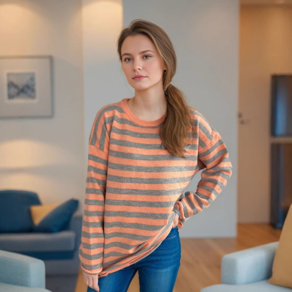 Damen Oversized-Pullover aus Strickstoff mit lässigem Streifenmuster