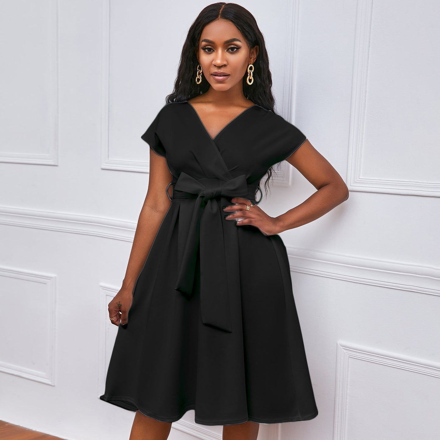 Damen Wickelkleid V-Ausschnitt Gürtel Norvielle