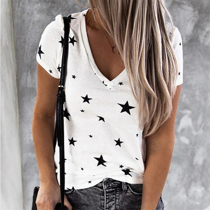 Damen T-Shirt V-Ausschnitt Sternenmotiv Lässig Weißen Norvielle