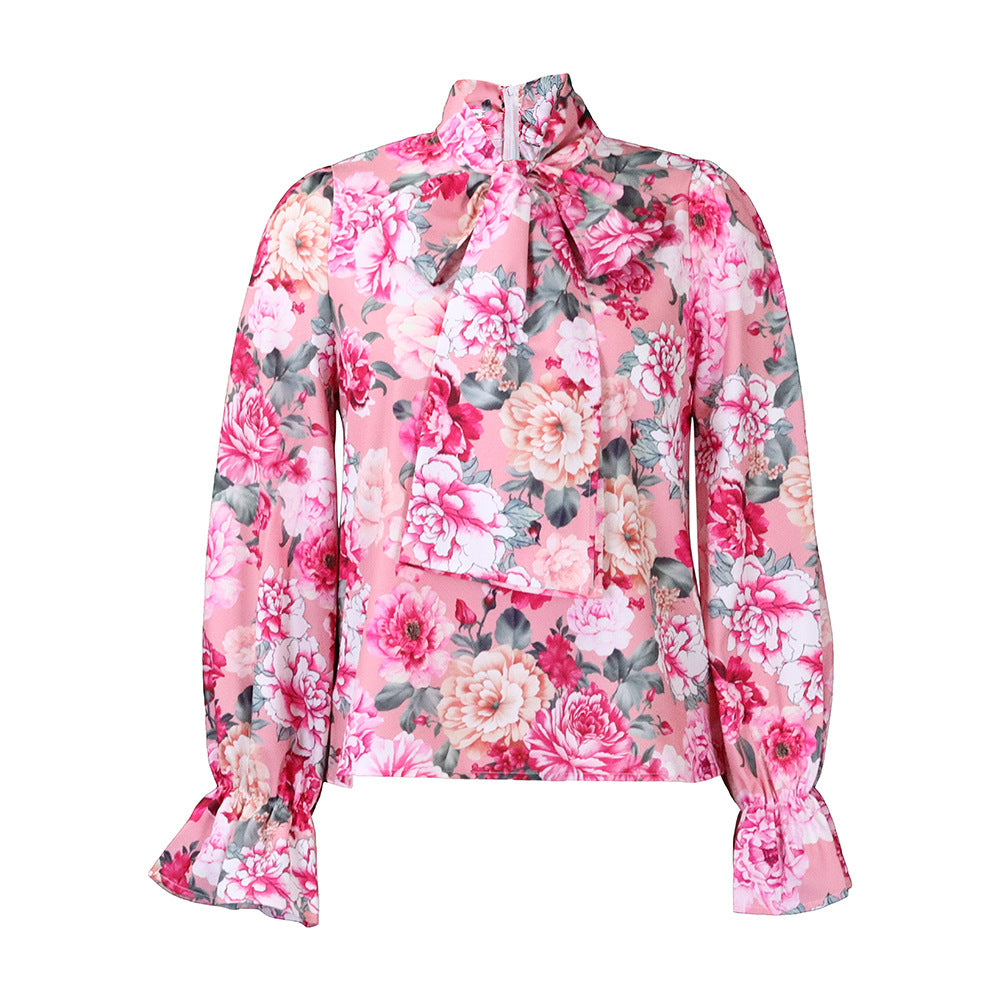 Damen Bluse Florales Muster Elegantes Schleifendetail