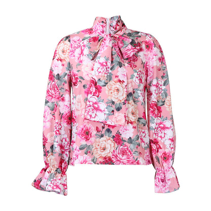 Damen Bluse Florales Muster Elegantes Schleifendetail