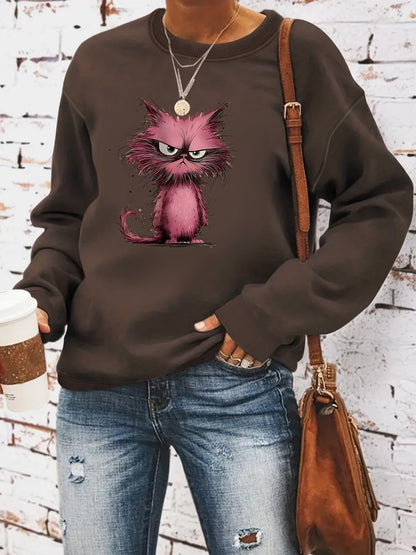 Damen Sweatshirt Katzenmotiv Baumwolle Weiß