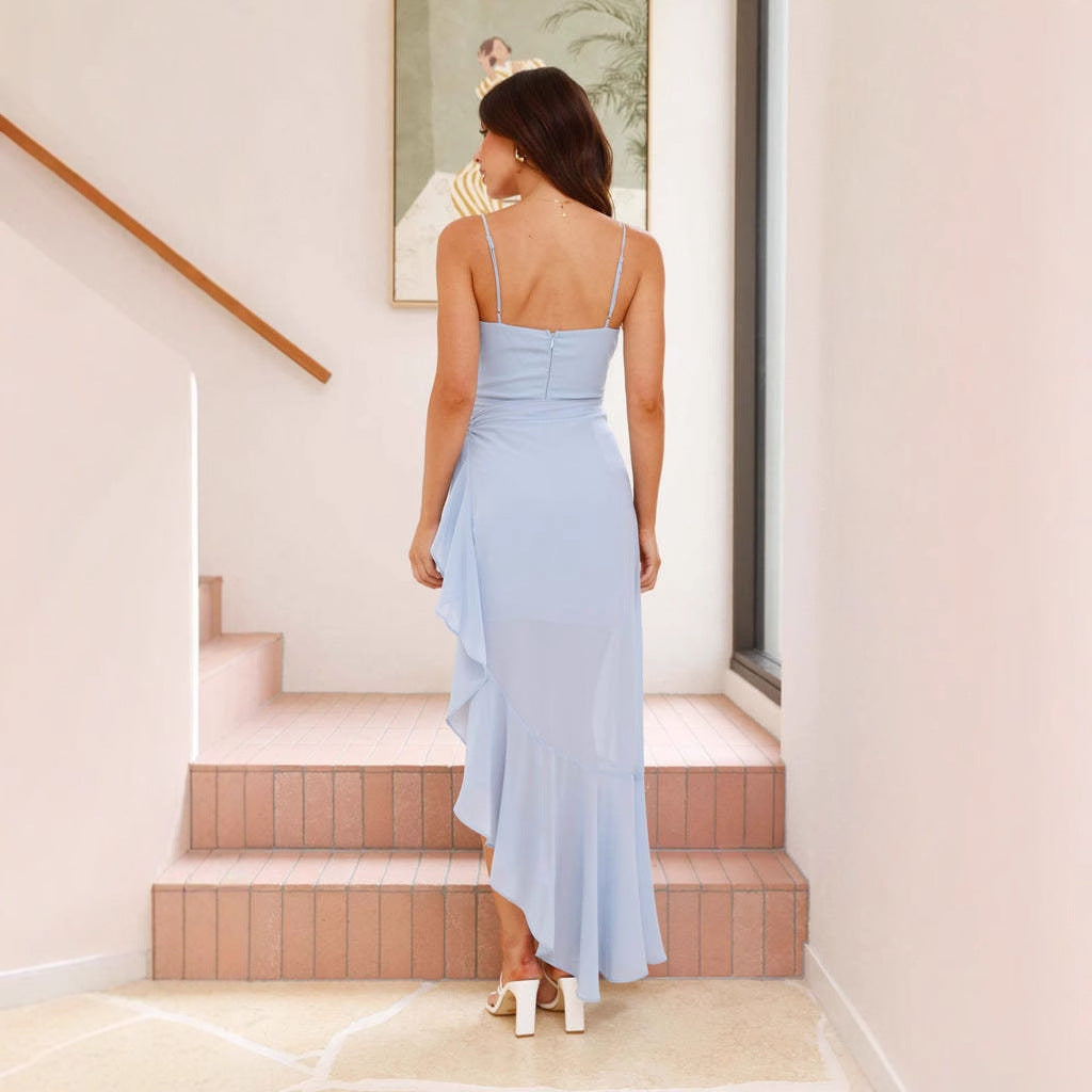 Damen Maxikleid Asymmetrischer Schnitt Rüschen Elegantes