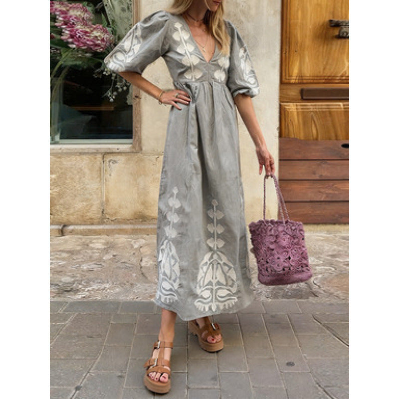 Damen Midikleid Luftige Puffärmel Florales Stickdesign
