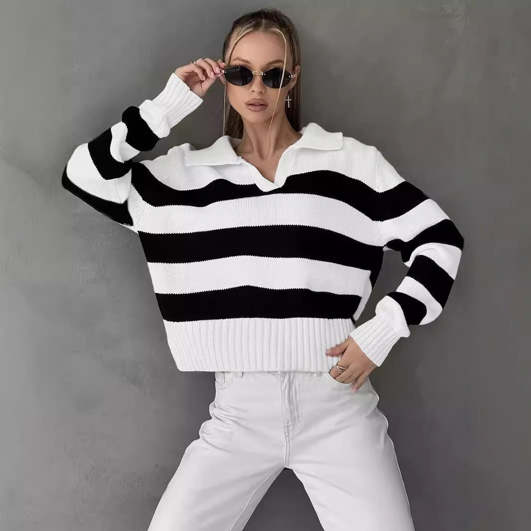 Damen Pullover V-Ausschnitt Breitstreifen Norvielle