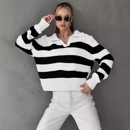 Damen Pullover V-Ausschnitt Breitstreifen Norvielle