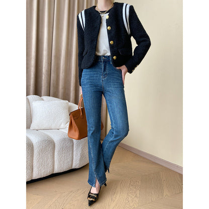 Damen Bouclé-Jacke mit goldenen Knöpfen Streifen