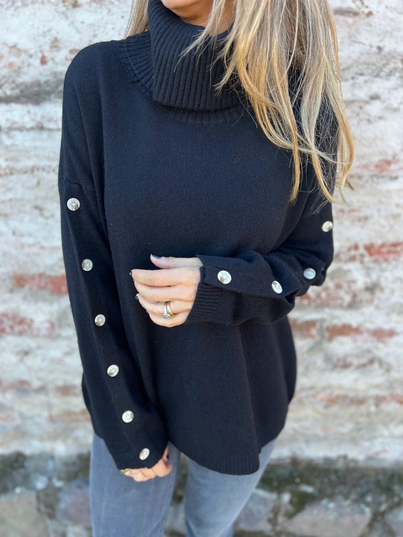 Damen Pullover Rollkragen Dekorativer Knopf Norvielle