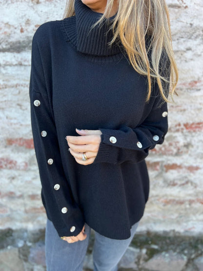 Damen Pullover Rollkragen Dekorativer Knopf Norvielle
