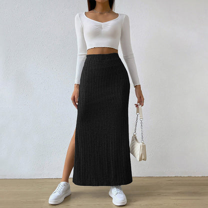Damen Strickrock Langer Diagonalrippen Hochtaillierung Schwarz - Norvielle